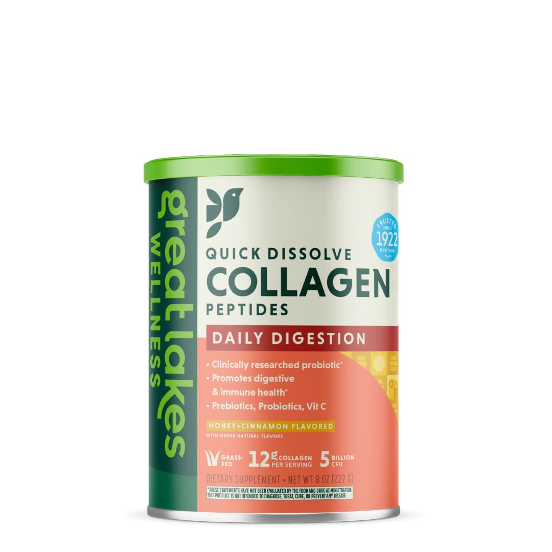 Great Lakes Wellness Daily Digestion Collagen Peptides - Honey + Cinnamon - Digestive, Immune Health, Probiotics, Prebiotics, Vitamin C - Kosher, Non-GMO, Keto, Gluten-Free - 8 oz Canister