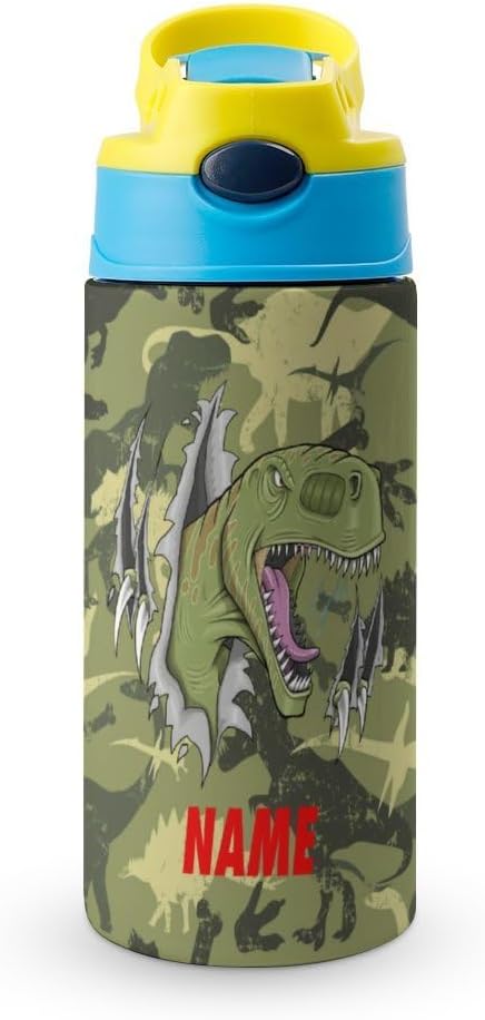 Personalized Kids Water Bottle with Straw Lid Custom Name Camouflage Dinosaur T-Rex Insulated Stainless Steel Water Bottle Customized Reusable Children Cup for School Sports