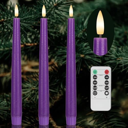 Image of Purple Flameless Taper Candles with 3D Wick, 9.6 inch Real Wax LED Candles with Remote, 3 Pack Flickering Candlesticks Battery Operated, Classic Tall Taper Candle for Home, Wedding, Party