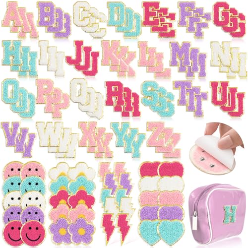 118Pcs Preppy Chenille Patches Self Adhesive Embroidered for DIY Clothing Include 78 A-Z Chenille Letter Patches Stickers 40 Smiley Flower Lighting Heart Stick on Patches for Bags Backpacks Hats