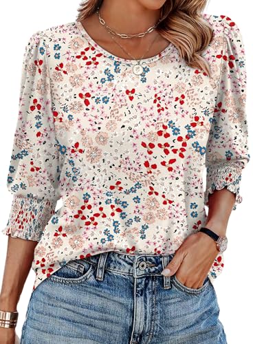 Image of XIEERDUO Blouses for Women Dressy Casual 3 /4 Length Sleeve Womens Tops with Smocked Cuffs