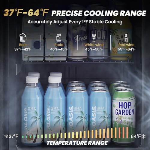 Image of 15 Inch Wide Under Counter Beverage Refrigerator, 128 Cans Large Capacity Drink Cooler, Freestanding & Built-in Beer Wine Soda Fridge with LED Light, for Home Kitchen Bar Office Outdoor Patio Black