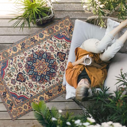 Tapis vinyle extérieur 80x120 cm rectangle étanche motif brodé jaune pour balcon - 3