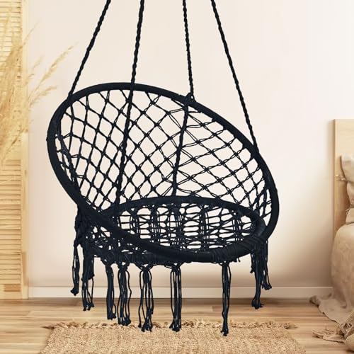 Garpans Hammock Chair Macrame Swing Bohemian Style Hammock Swing Chair with Tassels Hanging Swing Chair Handmade Knitted Cotton Rope for Indoor Outdoor Bedroom Patio Max 330 Lbs Black