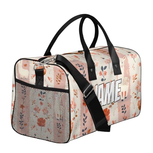 Personalized Llama Alpaca Travel Duffel Bag with Name, Custom Gym Sport Bag Pink White Stripes Carry On Weekend Overnight Duffel Bag for Men Women3