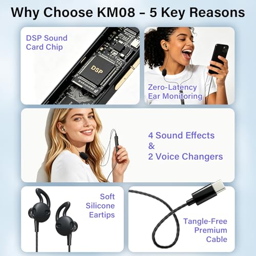 Image of KM08U Sound Card Karaoke Headset with in-Ear Monitoring, Voice Changer, Noise Reduction, Portable All-in-One Karaoke Headphone with Mic, Plug & Play Wired Earbuds for Streaming Recording Singing
