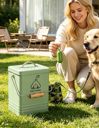 Image of Dog Poop Trash Can Outside, Metal Pet Waste Trash Can with Lid & Handle, 5L /1.3Gal Dog Waste Station with Bag Holder & 30 Bags(Green)