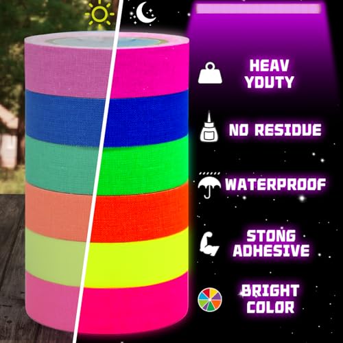 Image of SWRT Neon Gaffer Cloth UV Blacklight Tape for Halloween Decorations, 6 Rolls Multi-Color UV Fluorescent Glow in The Dark Tape for Party Decoration, Dance Floors, UV Party (0.6 inch x 16.5 feet)