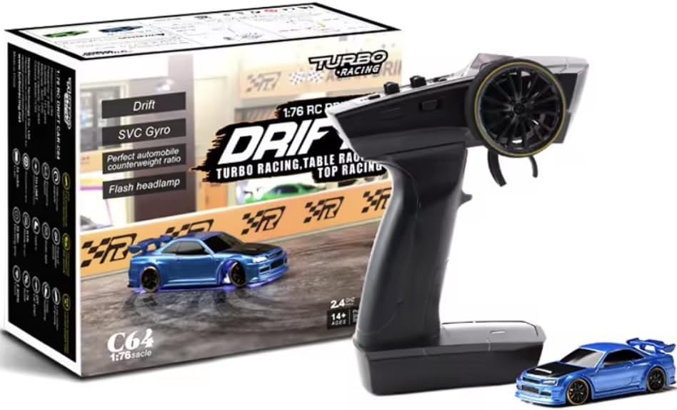 Helidirect Turbo Racing 1/76 Scale Drift RC Car On Road 2WD with Gyro Mini Full Proportional Steering 2.4GHZ Remote Control RTR - RC Drift Car (Blue)