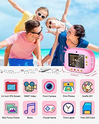 Hangrui Instant Camera for Kids, Upgrade 2.4 Inch Screen,Dual Lens,20MP 1080P HD Zero Ink Kids Camera Instant Print with 3 Rolls Print Paper & 32G SD Card,5 Color Pens, Best Gift for Girls and Boys