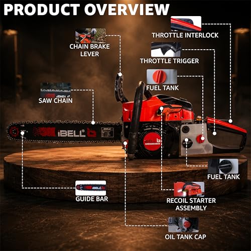 Image of iBELL IBL 5820CS Gasoline Chainsaw 58CC 2-Stroke Engine | 18-Inch (458mm) Guide Bar Petrol Chainsaw | 2.5KW Power Output | Automatic Fuel Mixing System | Stopping Switch & Petrol Indicator