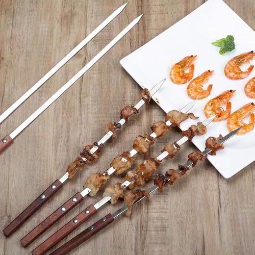 8 Stücke Grillspieße Edelstahl Schaschlikspieße 60cm Flachspieße Holzgriff Wiederverwendbare Flache Spieße für Fleisch Gemüse Garnelen Barbecue Grillen im Freien Garten Camping Picknick