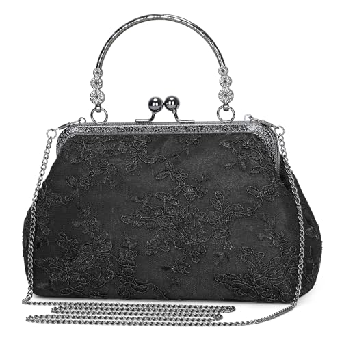 Bolsa de mão vintage bordada de renda floral para mulheres, bolsa formal à noite, com fecho de beijo, bolsa de casamento e coquetel, Preto