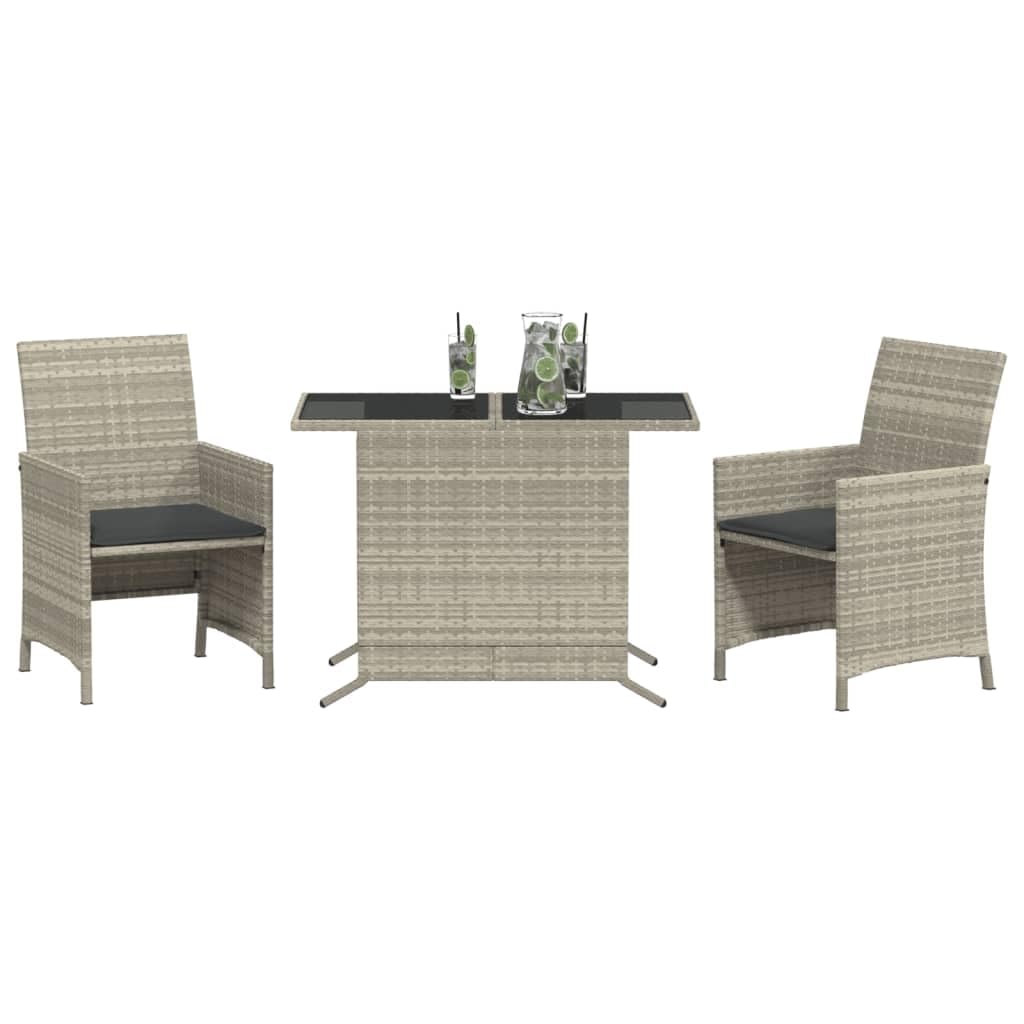 Ensemble de Bistro 3 pcs résine tressée Gris Clair avec Coussins Anthracite lavables Table Verre trempé mobilier Jardin extérieur Balcon Moderne
