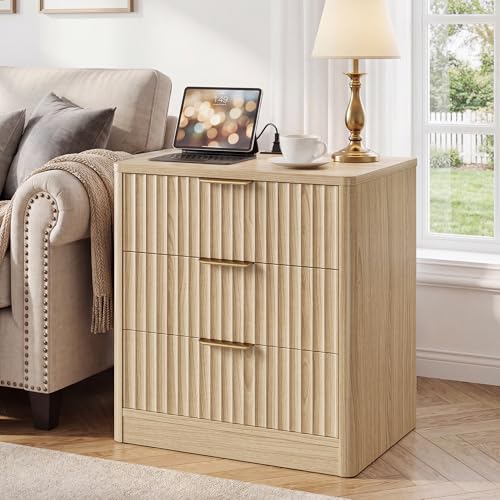 Image of IRONCK Fluted Night Stand Set of 2, Natural Oak | 22 inch Modern Nightstand with Charging Station & 3 Drawers, Bedside Table for Bedroom