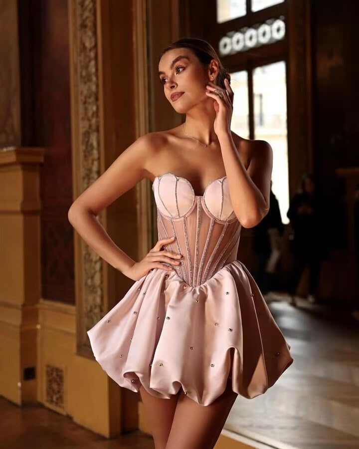 Satin Short Homecoming Dresses Beading Strapless Mini Dresses A Line Backless Cocktail Dress2