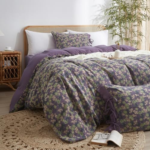 Image of VM VOUGEMARKET Violet Duvet Cover King Double Gauze Cotton Farmhouse Jacquard Green Floral Duvet Cover with 2 Bowknot Pillowcases Rustic Style, Breathable for a Cozy Home Atmosphere