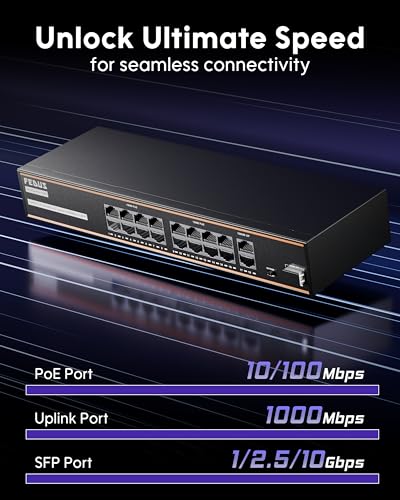 Image of FEDUS NextSwitch-16000UG 18 Port PoE Switch, 16 PoE Ports (10 /100Mbps) + 2 Gigabit Uplink +1 SFP Gigabit Port, 240W Power Budget, IEEE 802.3af /at, 250m Extend Mode, VLAN, 6KV Surge, Unmanaged CCTV NVR
