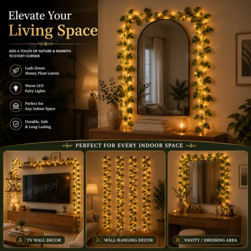 Image of Divyakosh Artificial Money Plant Creepers (Pack of 4) with Warm White LED Lights (Pre-Assembled), Artificial Plants for Home Decor, Living Room, Hanging Plants, Fake Plants, Green Leaf Decoration