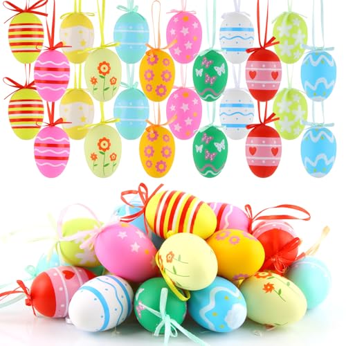 HYran Huevos de Pascua Colgantes, 24 Piezas Huevos Pascua, Huevos de Pascua de Plástico, Huevos de Plastico con Cuerda, Decoración de Pascua, para Caza de Pascua, Regalos para Recuerdos de Fiesta