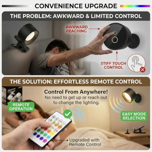 Image of Rechargeable Magnetic LED Wall Light with Clip on Base 360 Rotation RGB and 3 Color Temperatures Dimmable Touch Control Cordless Reading Lamp for Bedside Study and Wall Decor