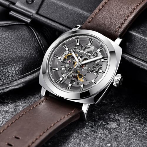Image of Benyar Automatic Watches for Men | Skeleton Mechanical Leather Strap Mens Watch | 45mm Dial | 30M Waterproof | Men's Stylish Gift