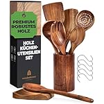 Holz-Kochbesteck-Set-mit-Halter-Pfannenwender-Kochloeffel-Schoepfkelle-Nudelheber-Servierloeffel-Sieb--mit-Haken-Halter-und-Ablage--13-teiliges-Set-Kuechenset--hochwertig-nachhaltig : Aus-Holz-gemacht....