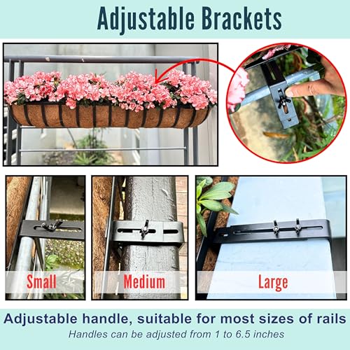 Image of LaLaGreen Railing Planters Box (36 inch, 2 Pack) Black Metal Rectangular Window Flower Box with Coco Liner, Extra Large Wall Hanging Planter for Outdoor Plants Deck Rail Fence Bracket Balcony Porch Garden