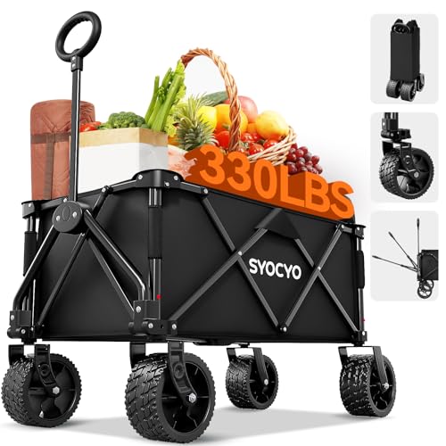 Collapsible Wagon with Big Wheels, Beach Wagons Carts Foldable with All-Terrain Wheels, Large Weight Capacity Heavy Duty Carts with Cup Holders for Camping, Garden, Sports, Grocery, Carbon Black