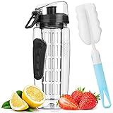 Fruit Infuser Water Bottle,32oz Large Capacity Sport Bottle with BPA Free, Durable Sport Water Bottle with Lid Lock & Carry Handle, Cleaning Brush & Fruit Recipe, Leak Proof Design for Outdoor Hiking Camping Climbing Traveling