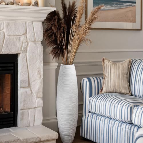 Image of Large Floor Vase 35.4 inch Matte White, Resin Wide-Body Vase with Horizontal Ribbed Texture for Dried Pampas Grass Branches, Modern Home Decor for Living Room Corner Entryway