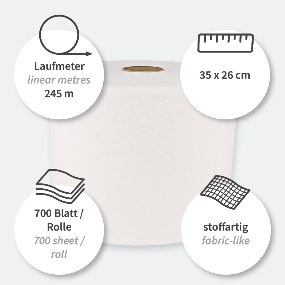 1 Stück Hygoclean Reinigungstücher | Zellulose, Rolle, weiß, B: 35cm, L: 26cm, 78gr-m², Kerndurchmesser: 7cm, Laufmeter: 245m, Abrisse: 700, Reinigungstücher, Putztücher, Lappen