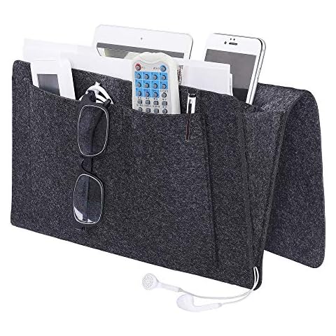 Bedside Caddy Pocket, Felt Hanging Storage Organizer, Home Sofa Desk Bed Storage Bag with Cable Holes for Sorting Magazine, Phone, Earphone, Remote, Glasses, Pen, Dark Grey Cover