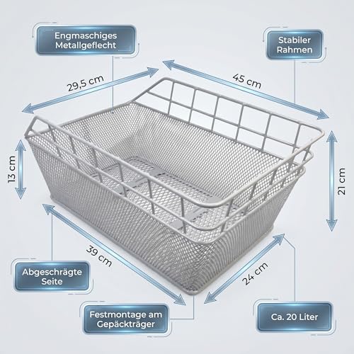 Fahrradkorb XXL Schultaschenkorb Silber Einkaufskorb Gepäckträgerkorb 45x29,5x21 cm – Ansicht 2