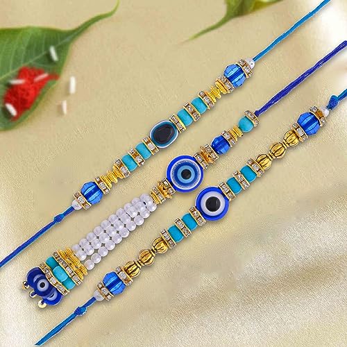 Image of SAUDEEP INDIA Unisex-Adult Rakhi For Bhaiya Bhabhi | Bhaiya Bhabhi Evil Eye Rakhi | Lumba Rakhi For Bhabhi |Couple Rakhi Set | Rakhi Gift (2 Evil Eye Rakhi With 1 Evil Eye Lumba Rakhi)