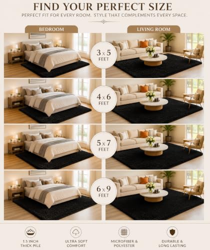 Image of Shaggy Carpet 5x8 Ft for Living Room & Bedroom (Black)