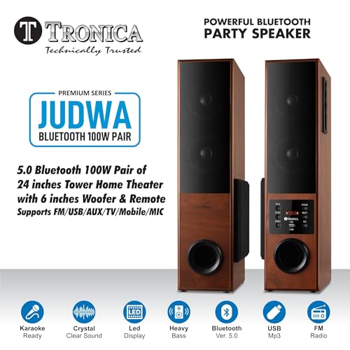Image of TRONICA Premium Series JUDWAA 5.0 Bluetooth Tower Home Theater, 100W Output, Pair of 24-Inch Speakers with 6-Inch Woofer, Remote, FM /USB /AUX /TV /Mobile /MIC Support