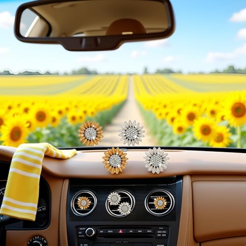 Image of Sunflower Air Vent Clips Car Accessories Bling Sunflower Air Freshener Outlet Clips for Women Car Interior Decorations Cute Flowers Cars Clips Air Fresheners Interior Accessories (4, Yellow and Beige)