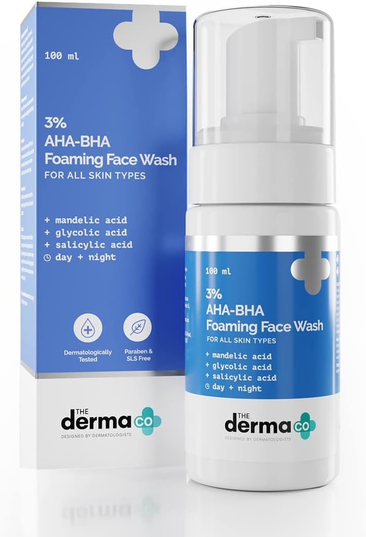 The Derma Co 3% AHA+BHA Foaming Daily Face Wash -100 ml | Controls Acne | Gently Exfoliates