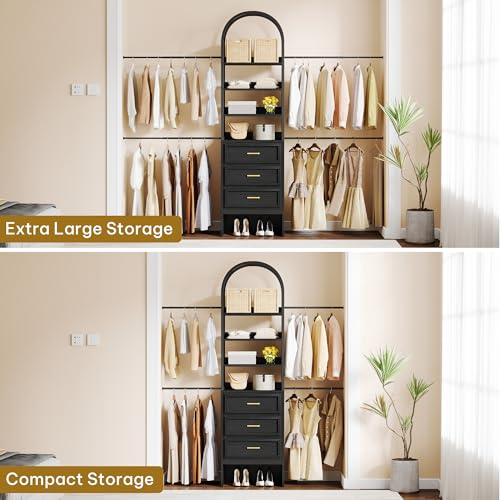 DWVO Closet Organizer System with Drawers, Heavy-Duty Arched Closet System with 4 Expandable Hanger Rods, 4 Shelves and 3 Drawers, Adjustable Walk-In Garment Rack for Bedroom Cloakroom