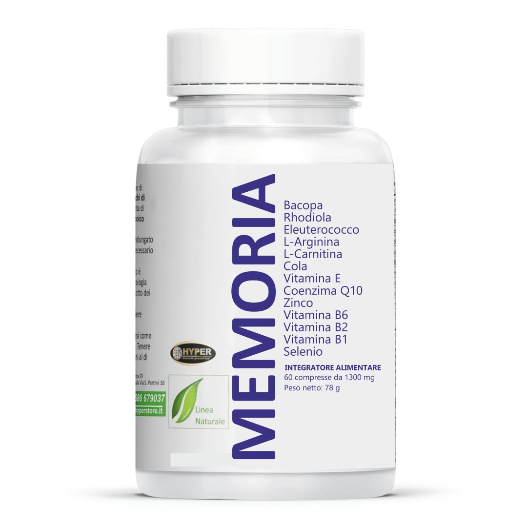 HYPER MEMORIA – Integratore per Concentrazione, Focus e Energia Mentale con Bacopa, Rhodiola, Eleuterococco, L-Arginina, L-Carnitina, Coenzima Q10, Vitamine B1 - B2 - B6 -E, Zinco e Selenio.