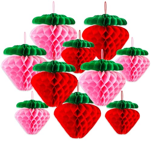 BOARDFEB 12 Pcs Paper Strawberry Honeycomb Ball, Shortcake Birthday Decorations for Fruit Theme Birthday Party Baby Shower Wedding Garden Supplies Red Pink