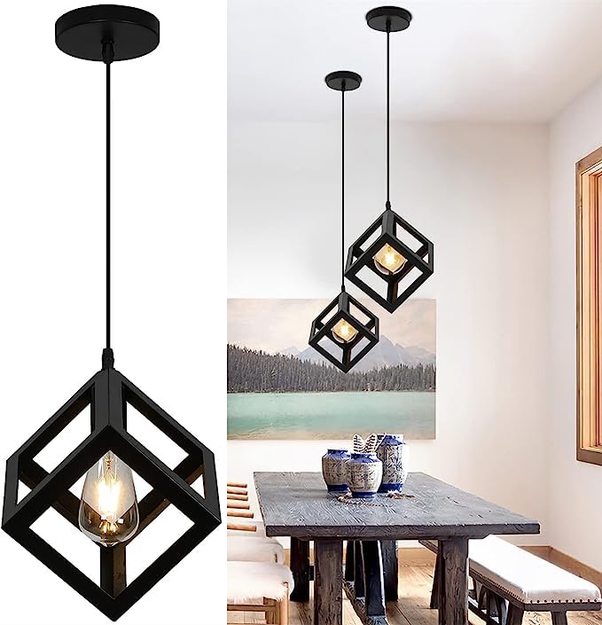 Black Farmhouse Pendant Light Fixtures Industrial Metal Cage Pendant Light Matte Black Small Pendatn Light Adjustable Vintage Ceiling Light for Kitchen Island Dining Room Bedroom (2)