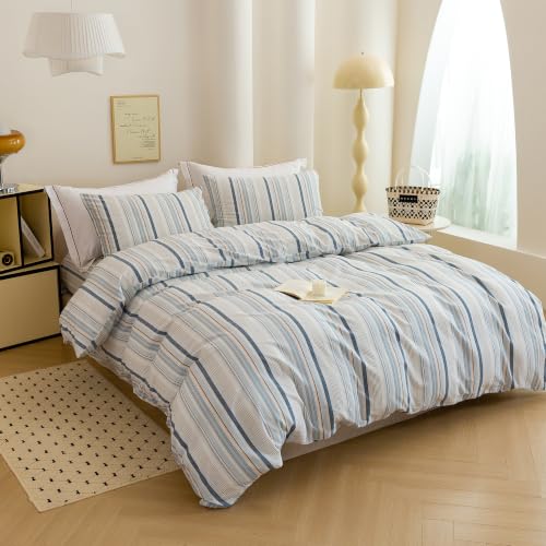 Image of Blue Striped Duvet Cover Bedding Set 100% Washed Cotton Linen Like King