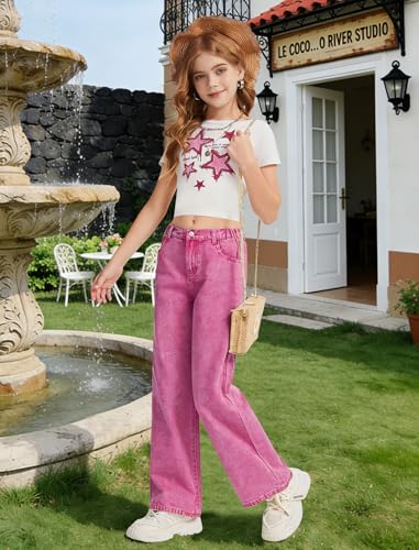 Image of Jeans for Girls Baggy Wide Leg Cute Bow High Elastic Waisted Denim Pants Y2K Boyfriend Skater Streetwear 7-14Y