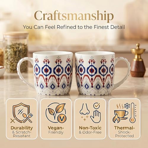 Image of UPC Coffee Mug Set of 6 | White Ikat Boho Print | Blue & Red Ethnic Medallion Pattern | Bone China Tea & Coffee Cups | Microwave Safe | Home & Kitchen
