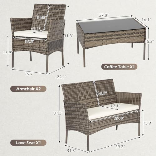 Image of FDW 4-Piece Patio Furniture Set | Gray & Khakhi | Outdoor Wicker Furniture
