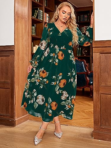 Image of Simplee Women's Plus Size Wedding Guest Dress Flowy Fall Floral Long Sleeve Maxi Dress V Neck Empire Waist Boho Maternity Dress for Photoshoot (4XL Emerald Green)