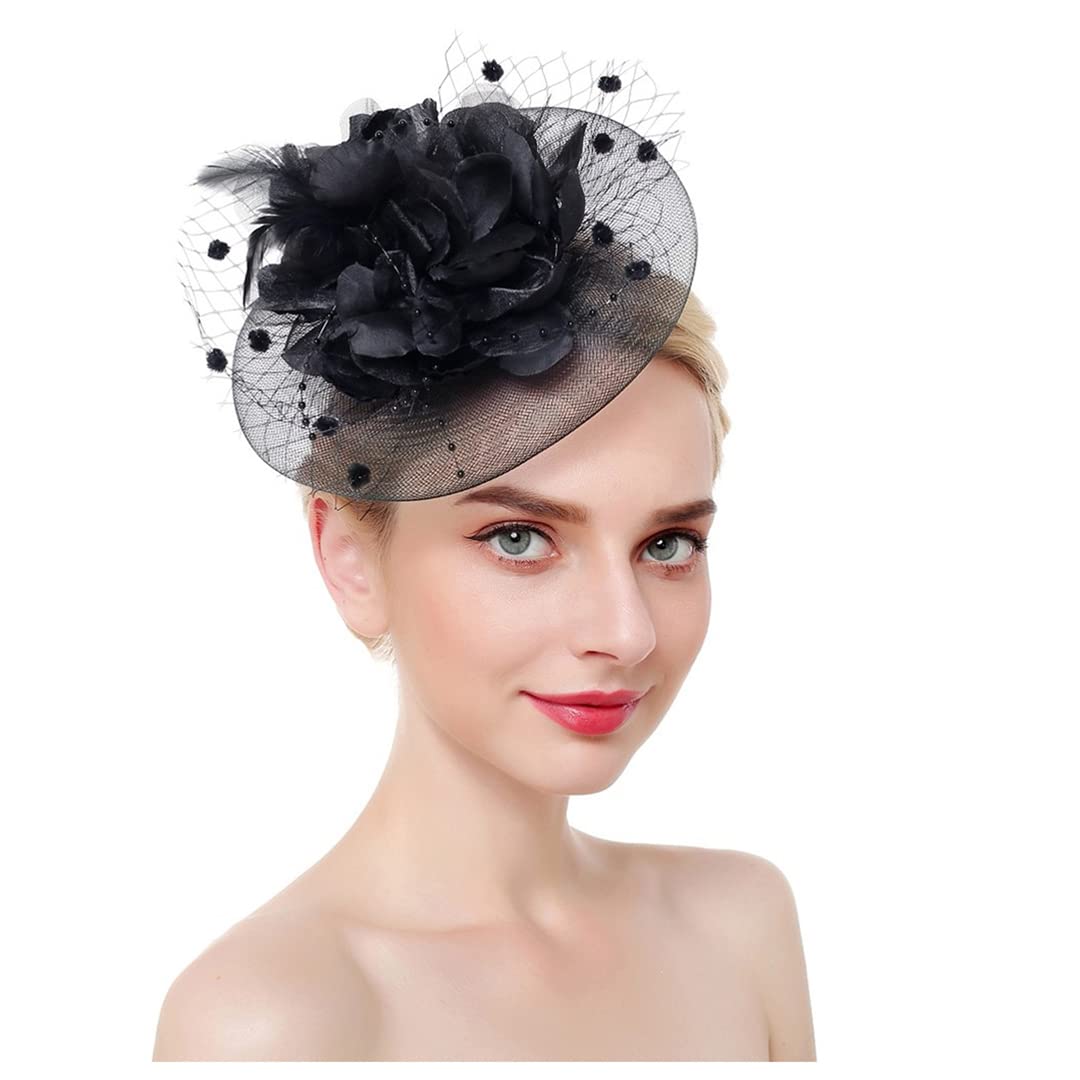 Copricapo da sposa, donna, con fiori, in rete e piume, for cocktail feste in chiesa(Navy)