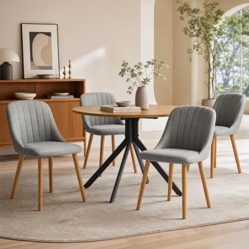 Image of Goeurvant Round Dining Table and Chairs Set 4, Modern Kitchen Dining Room Set, Space Saving Kitchen Table, Upholstered Fabric Chairs with Wooden Legs, 100cm Oak Wood Table and Light Grey Chairs